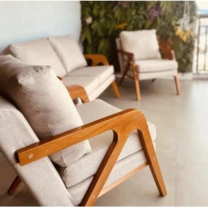 Kit 2 Banquetas Poltronas + Namoradeira Mona Linho Bege