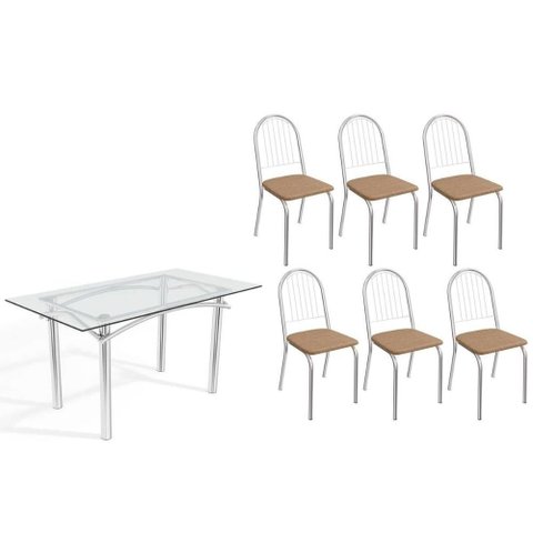 Sala de Jantar Completa Elba C/ Tampo de Vidro 150cm e 6 Cadeiras Noruega Cromada - Courano
