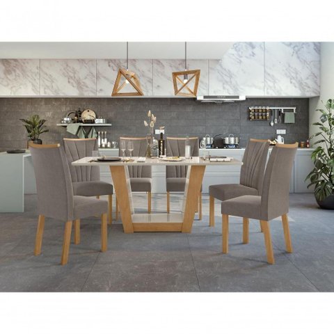 Mesa de Jantar 1,70 Apogeu com Vidro e 6 Cadeiras Tecido Suede Animale Bege Amêndoa Clean/off White