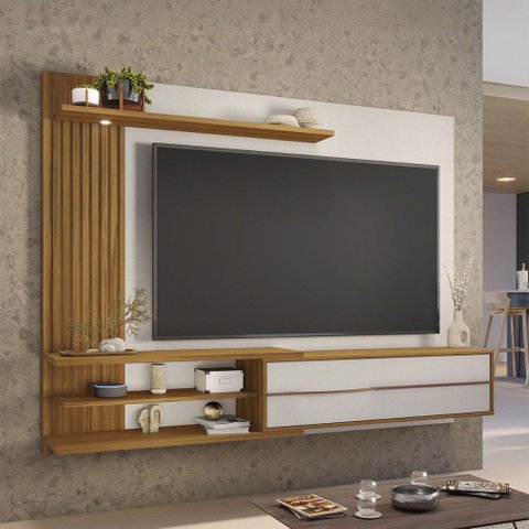 Painel para TV para TV de 65 Polegadas 1 Porta Ripado com Led Gibraltar Off White Tx/Freijó Trend - 