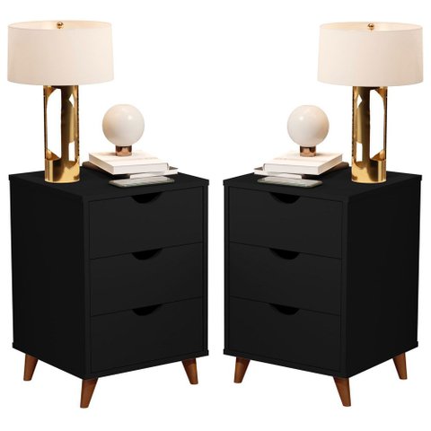 Conjunto 2 Mesa de Cabeceira Grécia Plus 3 Gavetas - Preto