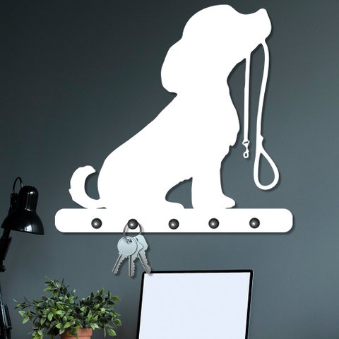 Porta Chaves de Parede 6mm Cachorro e Coleira Decorativo em MDF:BRANCO