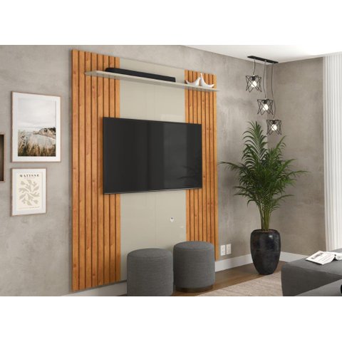Painel Ripado de 1.80m para Tv até 75'' Cor Off White / Cinamomo