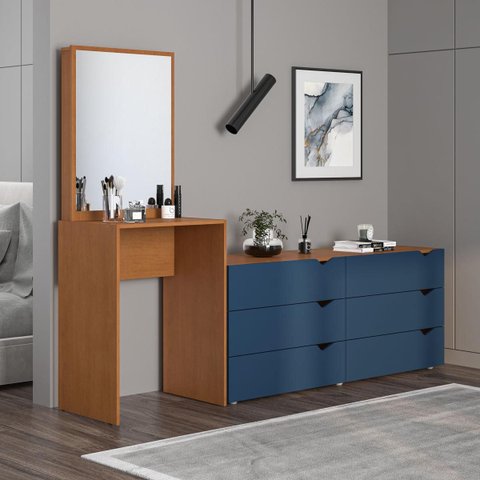 Cômoda Penteadeira Porto 6 Gavetas com Espelho 209x160cm Azul/Freijó 240890