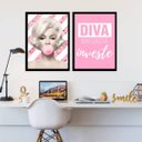 Ver imagem 2 de Kit 2 Quadros Marilyn Diva Rosa 24x18cm - com vidro:Madeira branca