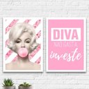 Ver imagem 1 de Kit 2 Quadros Marilyn Diva Rosa 24x18cm - com vidro:Madeira branca