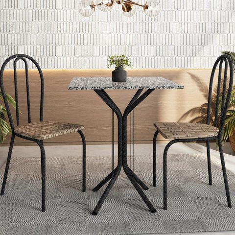 Conjunto Sala de Jantar para Cozinha Mesa Tampo Granito Quadrada e 2 Cadeiras Juliete Yescasa Preto/Craqueado/Rattan/Ocre