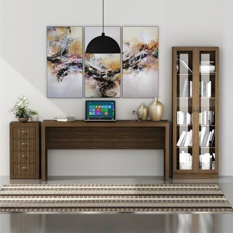 Conjunto 3 Peças com Mesa para Escritório, Armário 2 Portas e Gaveteiro 4 Gavetas Carvalho Fosco Marrom