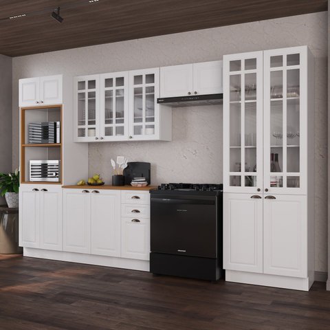 Cozinha Modulada 5 Peças Torre Quente Cristaleira Balcão com Tampo 100% MDF com Vidro Rodapé