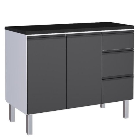 Balcão Para Cozinha de Aço 2 Portas 3 Gavetas e Porta Tempero Gaia 120 Com Tampo Cozimax Preto