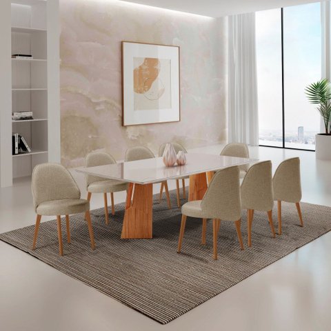 Sala de Jantar Mesa Florida 220cm Tampo Laqueado com Vidro e 8 Cadeiras Suiça