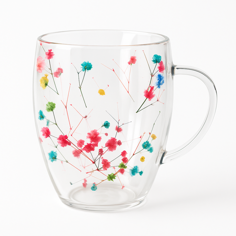 Caneca Xícara 350ml Chá Café Parede Dupla de Vidro com Flores Coloridas Primavera Decorativas:turque