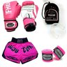 Kit Muay Thai Fheras Luva Bandagem Bucal Shorts 12oz Rosa - 1