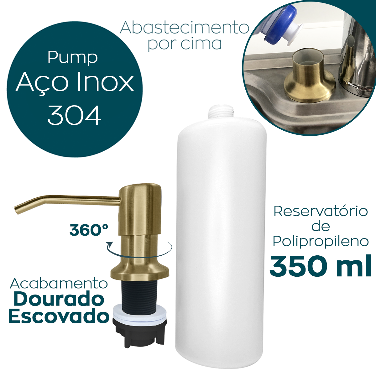 Dispenser Dosador Detergente Dourado Ouro Gold Inox 350ml Embutir Bancada Cozinha Porta Sabonete Liq - 2