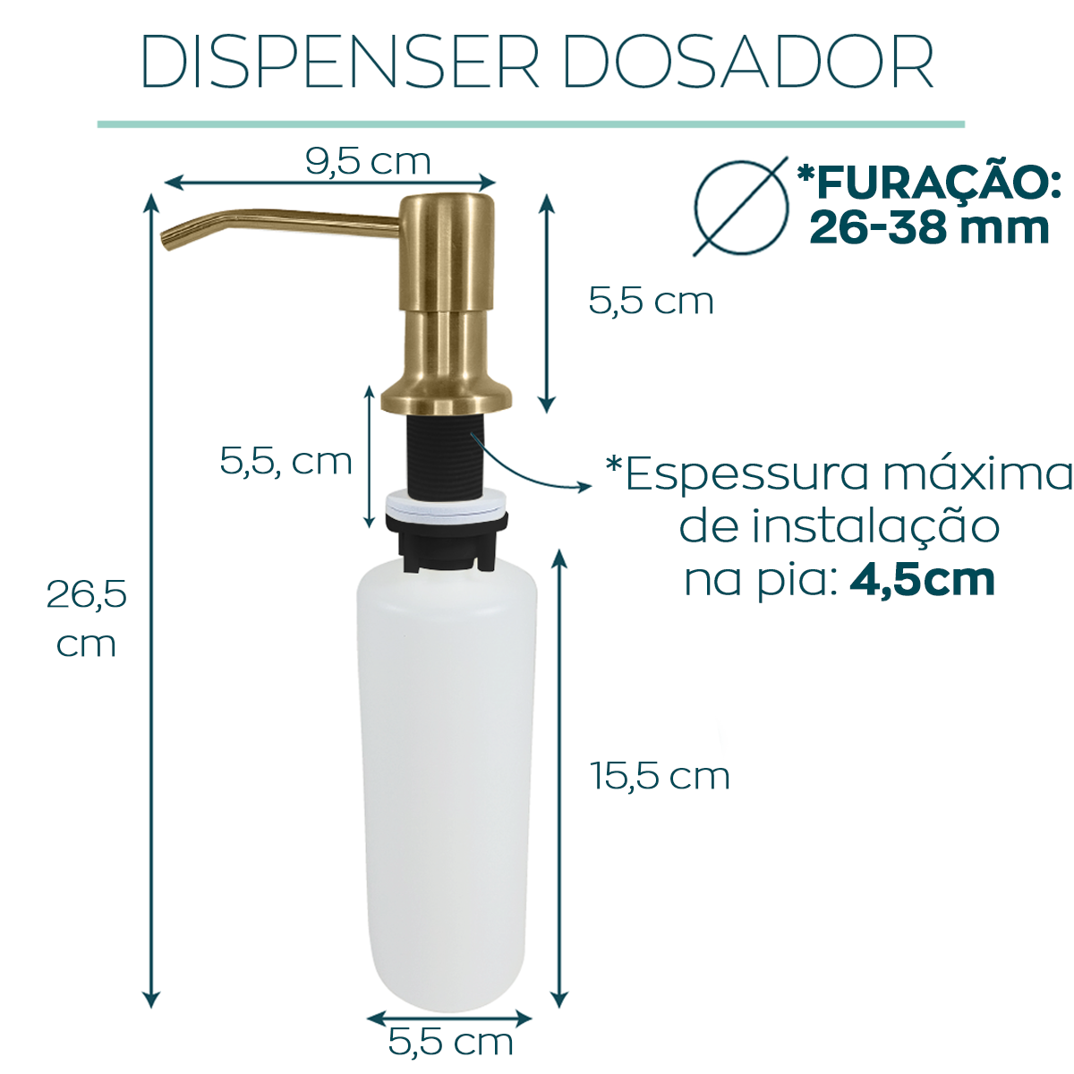 Dispenser Dosador Detergente Dourado Ouro Gold Inox 350ml Embutir Bancada Cozinha Porta Sabonete Liq - 4