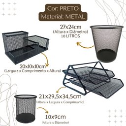 Kit Escritório Organizador Bandeja Lixeira Porta Lápis Lixo Preto - 5