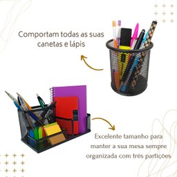 Kit Escritório Organizador Bandeja Lixeira Porta Lápis Lixo Preto - 3