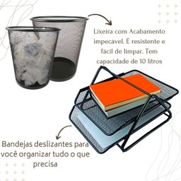 Kit Escritório Organizador Bandeja Lixeira Porta Lápis Lixo Preto - 4