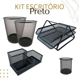 Kit Escritório Organizador Bandeja Lixeira Porta Lápis Lixo Preto - 2