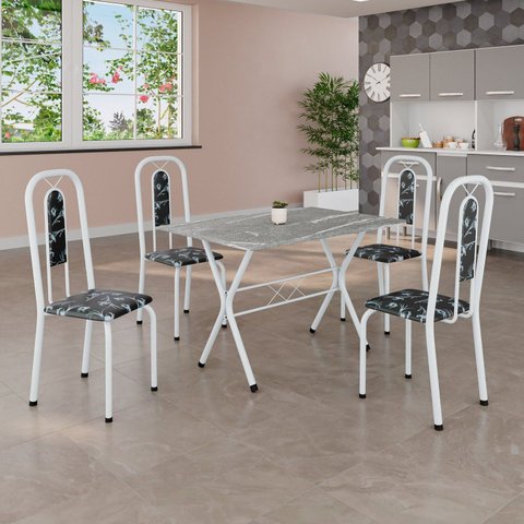 Conjunto de Mesa Tubular 100x60cm Tampo em Granito com 4 Cadeiras Lívia Branco/Preto Floral