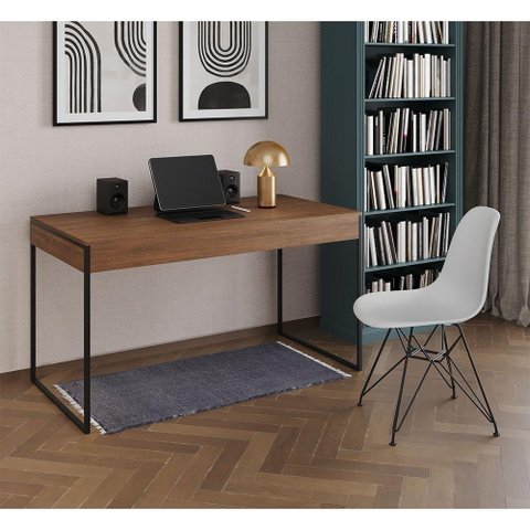 Escrivaninha Industrial Escritório Malta Amêndoa 137X53Cm Com 1 Cadeira Branca Base Fer Cor: