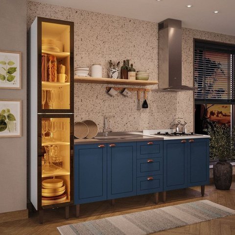 Cozinha Pérola 3 Peças com Cristaleira Yescasa Azul