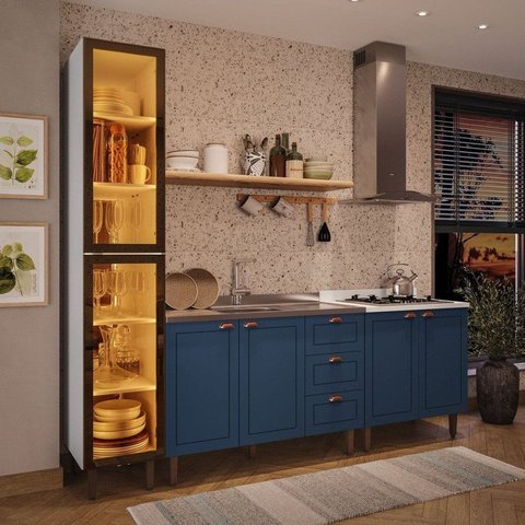 Cozinha Pérola 3 Peças com Cristaleira Yescasa Azul