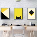 Ver imagem 2 de kit 3 quadros Geométricos Gato Preto/Amarelo 33x24cm - com vidro:Madeira branca