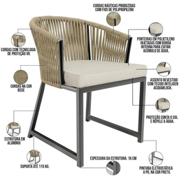 Conjunto com Mesa Ripada 1,00m Moderna + 4 Poltronas Corda Nautica Areia - 8