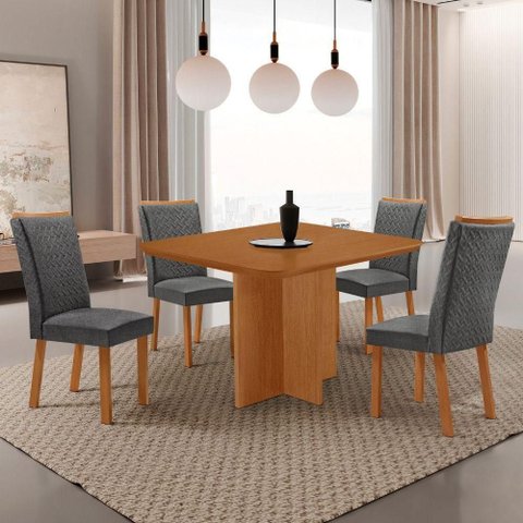 Conjunto de Jantar Olímpia 4 Lugares Tampo MDF com Cadeiras Lisa Grafite e Natural 90cm Moderna