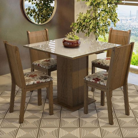 Conjunto Sala de Jantar Mesa Tampo de Vidro 4 Cadeiras Rustic/crema/hibiscos Perla Madesa