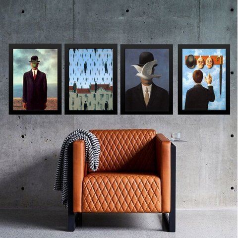 Kit 4 Quadros Obras Renne Magritte 33x24cm:madeira Branca