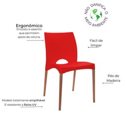 Cadeira de Plástico Pés Madeira Sala Jantar Cannes Vermelha - 3 Cadeira de Plástico Pés Madeira Sala Jantar Cannes Vermelha - 3