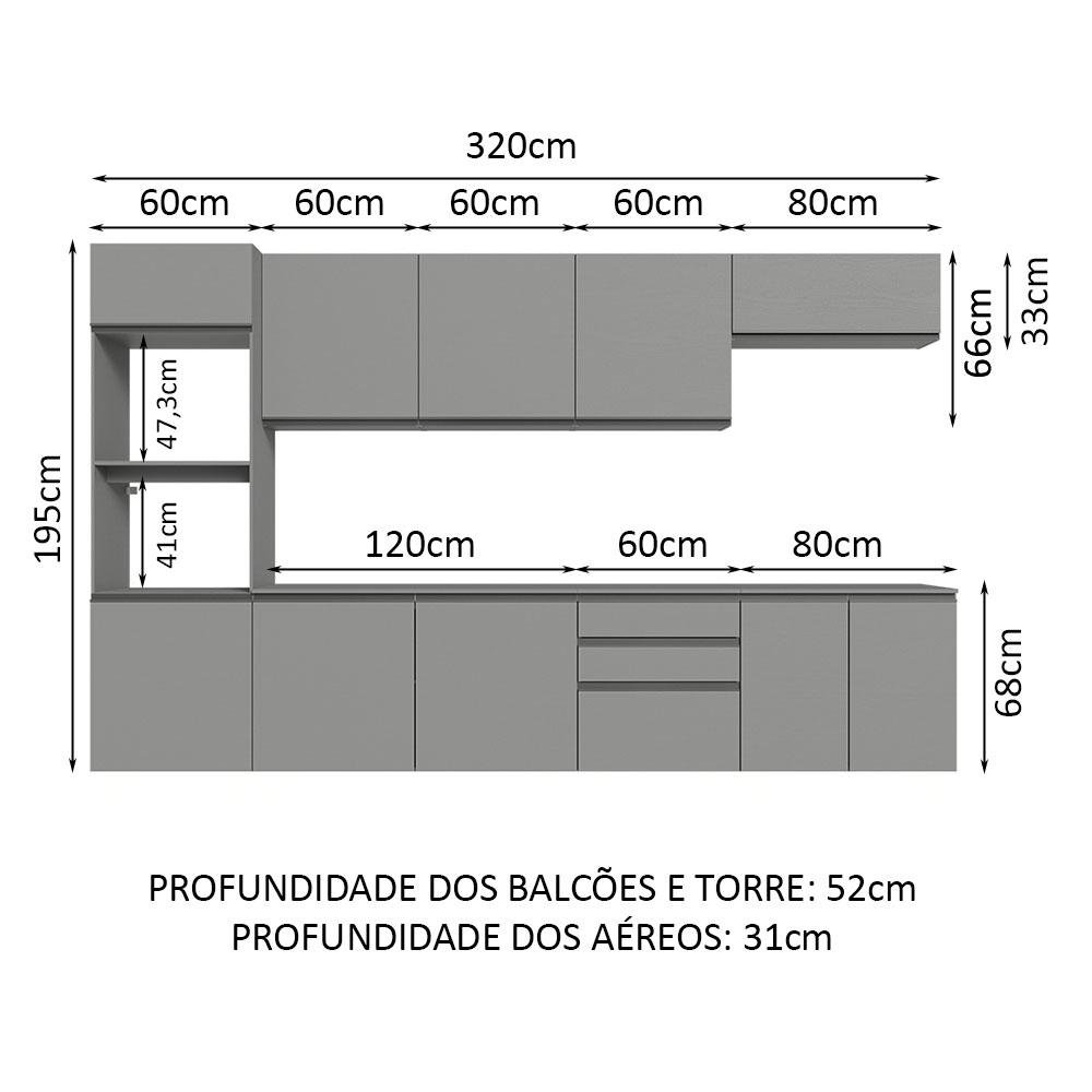 Armário de Cozinha Completa Suspenso 320cm Cinza Nice Madesa 07 - 4