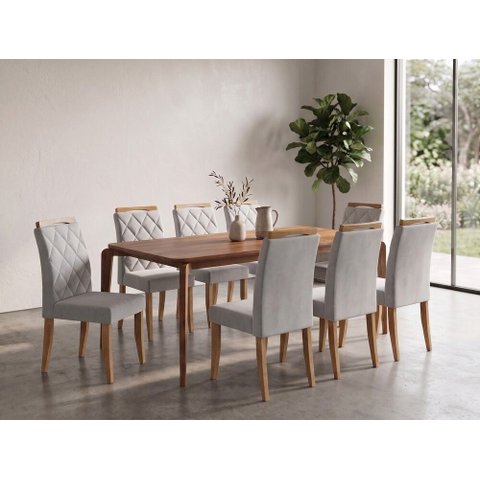 Sala de Jantar Veneza 220cm Laminada com 8 Cadeiras Madeira Maciça Bali Cinamomo Linho Prata