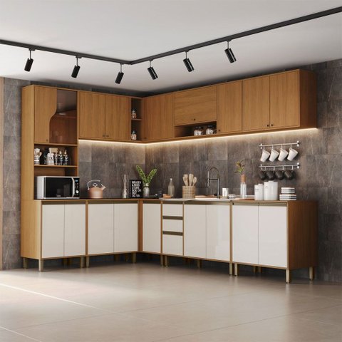 Cozinha Completa Venaly 19 Portas 2 Gavetas com Vidro Cinamomo/Off White - Henn