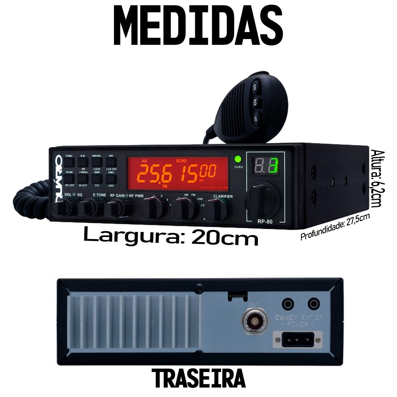 Rádio Px 80 Canais 2 Antena Inox 2,70m Alongador 60cm Cabo 5,5m Suporte Traseiro Daf Parafusos - 2