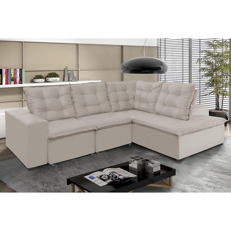 Sofá de Canto Montreal Retrátil, Reclinável 2,70x2,10 Metros, 4 Lugares, Chaise Fixo, Pillow Top, Be