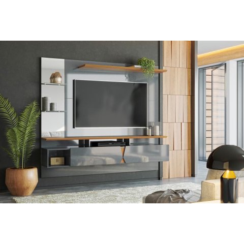 Painel Vega P/ Tvs até 55'' C/ Gaveteiros e Prateleiras Suporte para Itens - Cinza Perolizado/