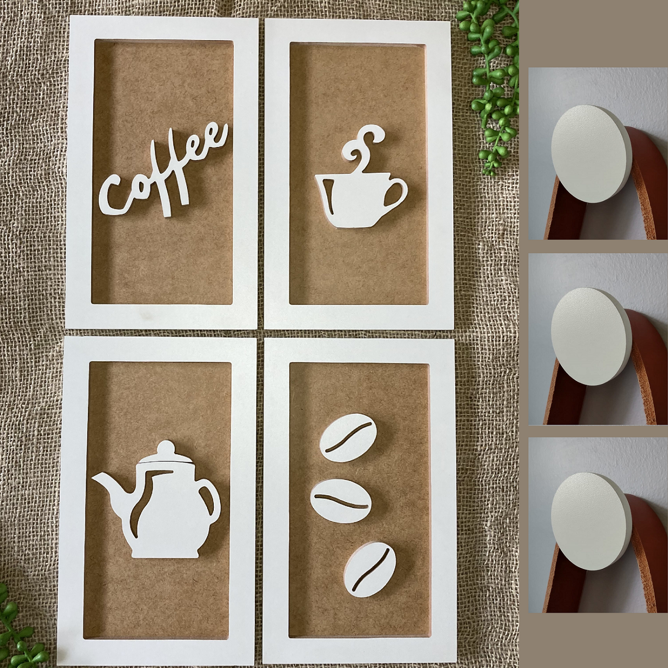 4 Quadros Decorativos Cantinho do Café e 3 Ganchos de Parede:branco