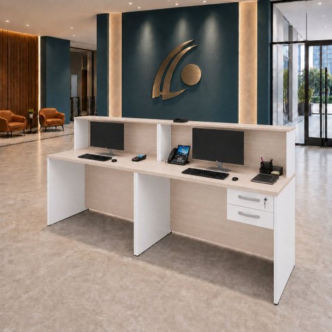 Conjunto 2 Balcões de Atendimento e Recepção Comercial 140x60cm com Gaveteiro Suspenso de 2 Gavetas