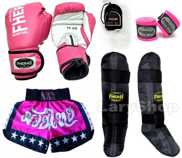 Kit Muay Thai Fheras Luva Shorts Canel. Band Buc 10oz Rosa - 1