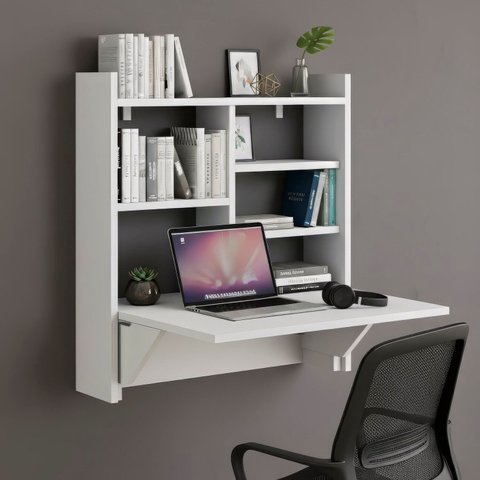 Escrivaninha Mesa Dobrável com Estante 63cm Branco