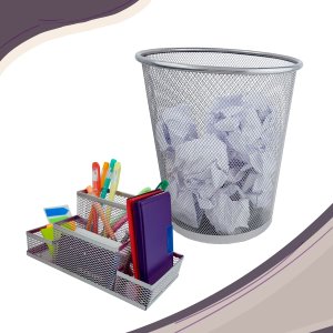 Kit Organizador de Mesa e Lixeira de Escritório - Prata