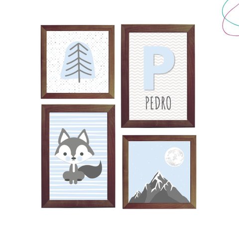 4 Quadros Decorativos Infantil Escandinavo Montanha Lobinho:tabaco