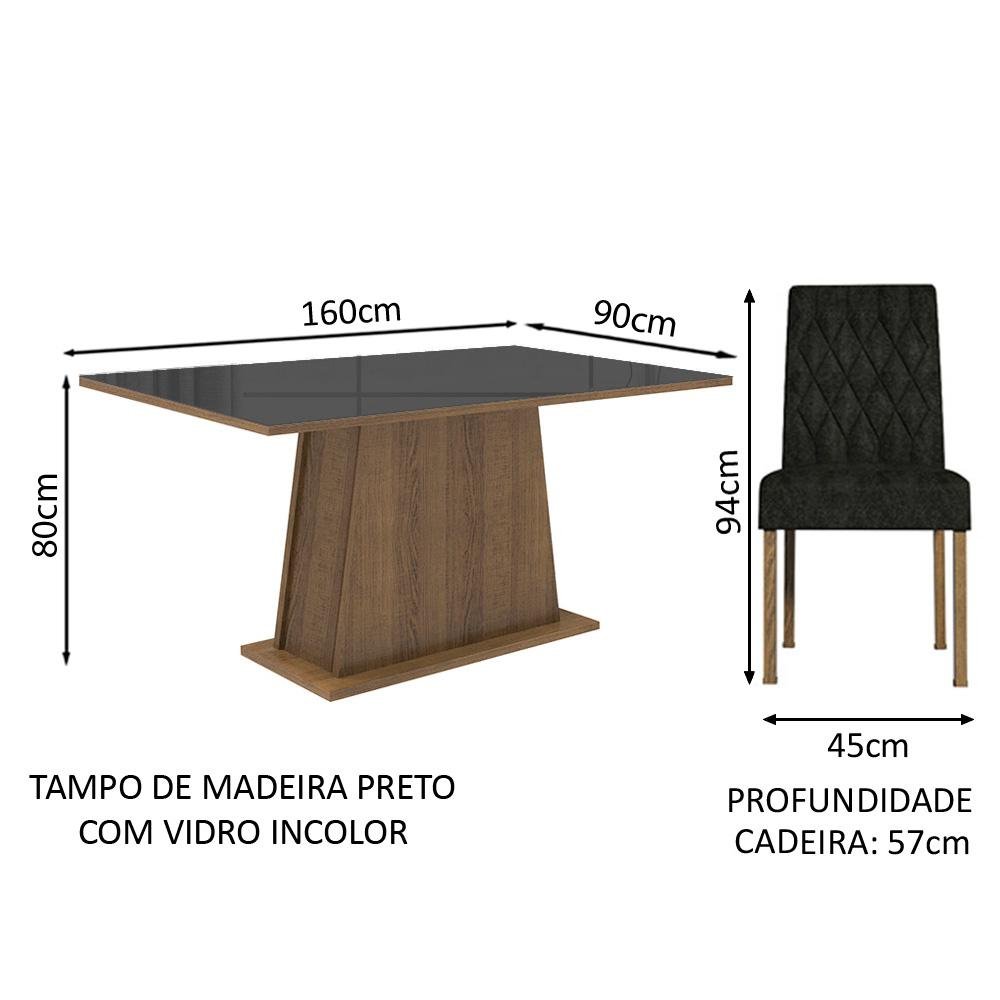 Conjunto Sala de Jantar Mesa Tampo de Vidro 4 Cadeiras Rustic/preto/oxford Aryeli Madesa - 4