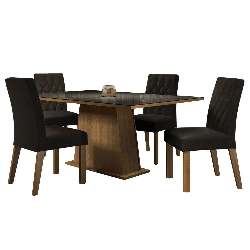 Conjunto Sala de Jantar Mesa Tampo de Vidro 4 Cadeiras Rustic/preto/oxford Aryeli Madesa - 3