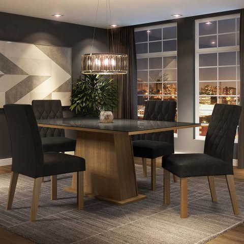 Conjunto Sala de Jantar Mesa Tampo de Vidro 4 Cadeiras Rustic/preto/oxford Aryeli Madesa