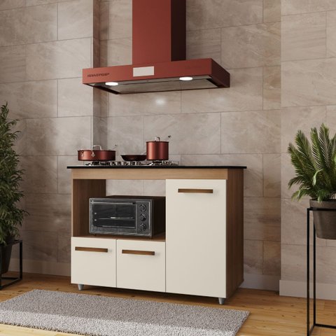 Balcão Cooktop Ana 114cm 3 Portas em Mdp Pés Pintura Uv Cor:off White;tamanho:4 Bocas