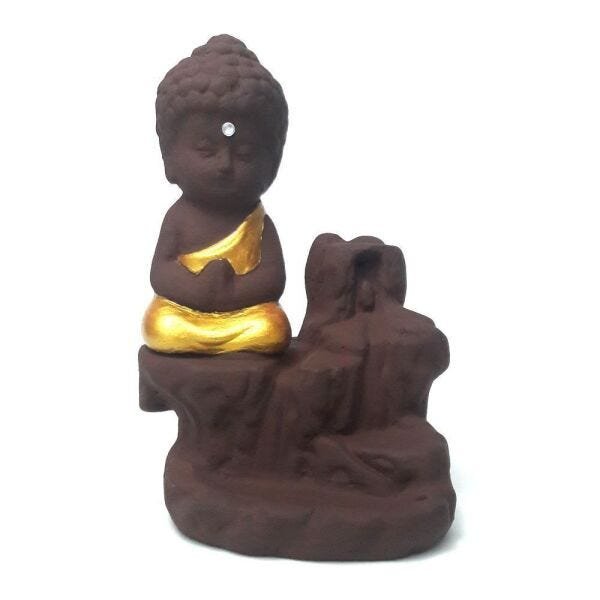 Incensário Cascata com Buda Baby e 10 Incensos Cone - Amarelo Ouro - 2